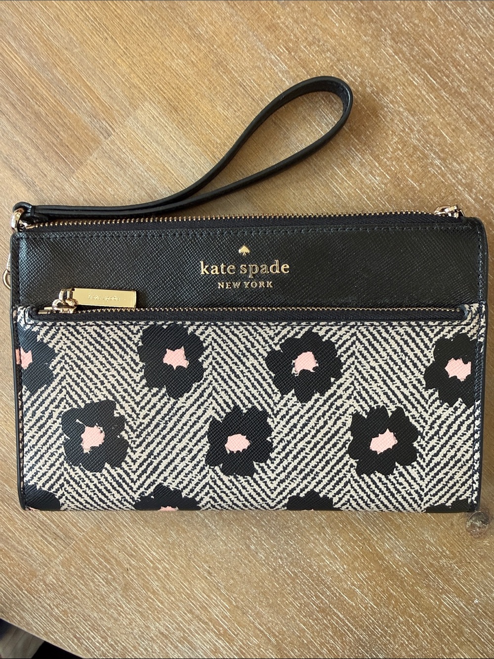 kate spade black and pink floral wristlet pouch